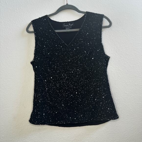 Laurence Kazar Tops - Vintage Black Sequin Beaded Top L Y2K Party Cami Tank Sparkly Evening